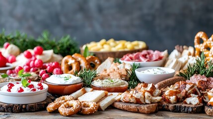 A beautifully styled display of traditional Oktoberfest food, including sausages, pretzels, and various dips, against a rustic wooden table. The deep depth of field draws attention to the details of