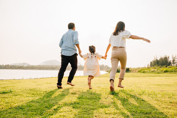 Back happy family holding hand running together in a green meadow on a sunny summer day, enjoying...