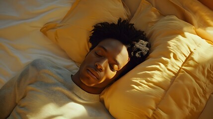 Young african-american man sleeping in bed top view.