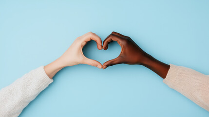 Fototapeta premium Creating description and keywords for imageTwo hands forming heart shape against solid blue