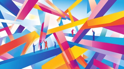 Abstract People Connecting in Colorful Stripes Illustration