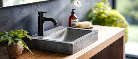 Elegant minimalist concrete bathroom sink setup with sleek black faucets in a serene contemporary watercolor painting style  Architectural and interior design concept with a clean modern aesthetic