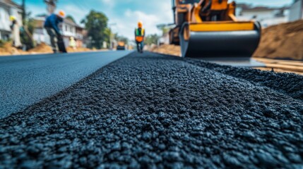 Construction Workers Paving Asphalt Roadway with Machinery
