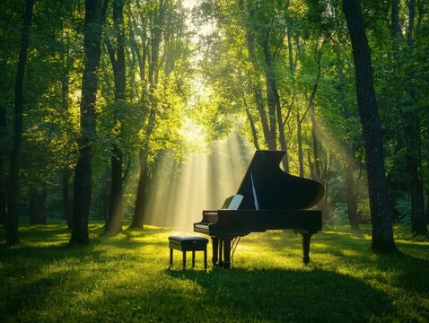 Grand Piano Set in Serene Forest Landscape