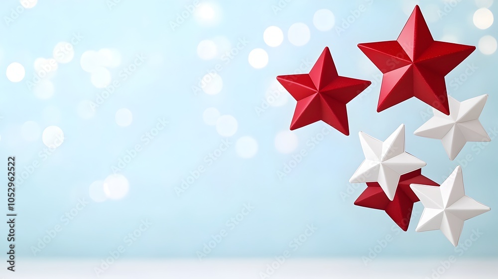 Aufkleber floating red and white star shapes creating a soft glowing and celebratory sky scene with a bokeh li