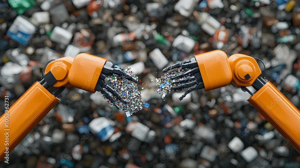 Poster detailed of robotic arms sorting and processing recyclable materials at a high tech automated waste 