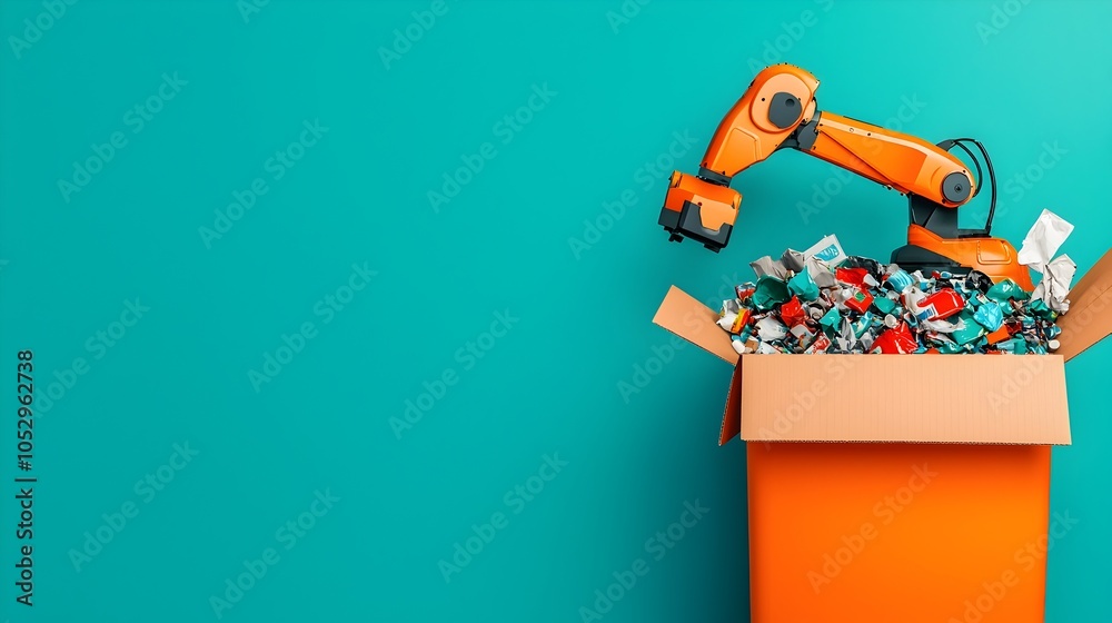 Poster Detailed of robotic arms efficiently sorting various recyclable materials including metal plastic glass and paper at a advanced automated waste processing plant