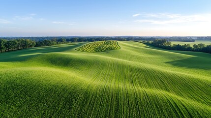 Obraz premium A panoramic sunset view of a corn maze, with long shadows stretching across the paths, creating a serene and enchanting atmosphere. The warm colors of the sunset enhance the allure of the maze,