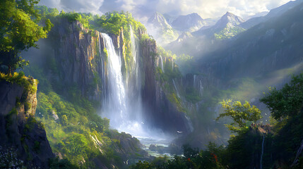 A breathtaking view of a majestic waterfall cascading over rocky cliffs, surrounded by lush greenery under bright summer sunlight 