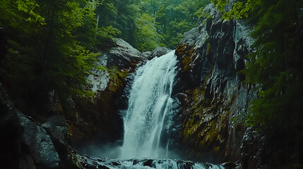 Obraz premium A dramatic shot of a waterfall plunging from a cliff into a rocky gorge, with the sound of rushing water echoing through the summer air 