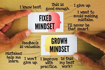 paper with the words Growth Mindset or Fixed Mindset Infographic Innovation Learning. two distinct ways people perceive their abilities and approach challenges