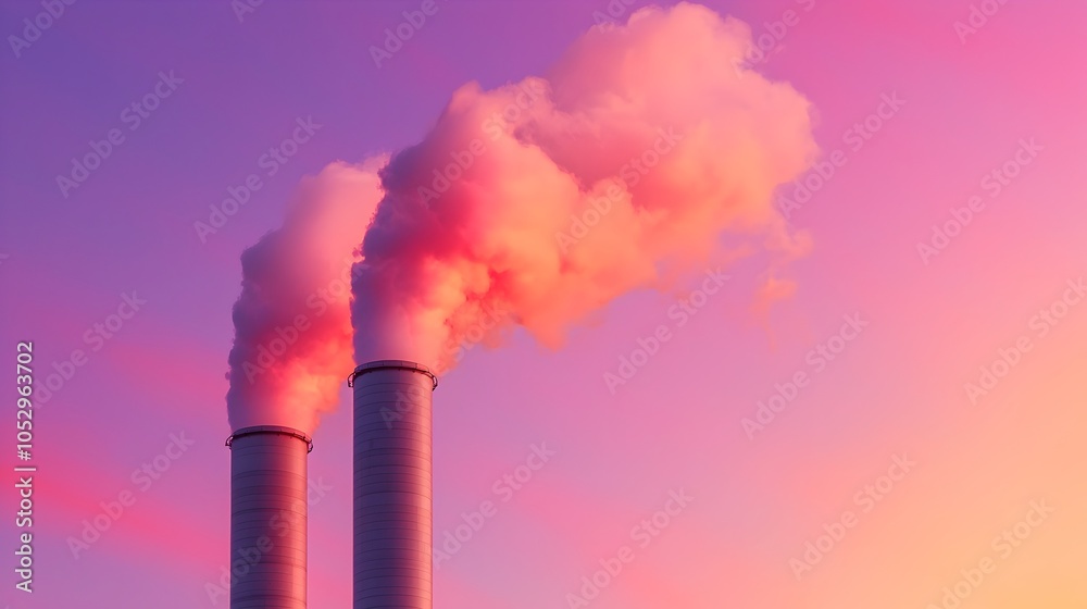 Poster eco modern waste processing facility at sunset with warm tones of pink and purple blending advanced 