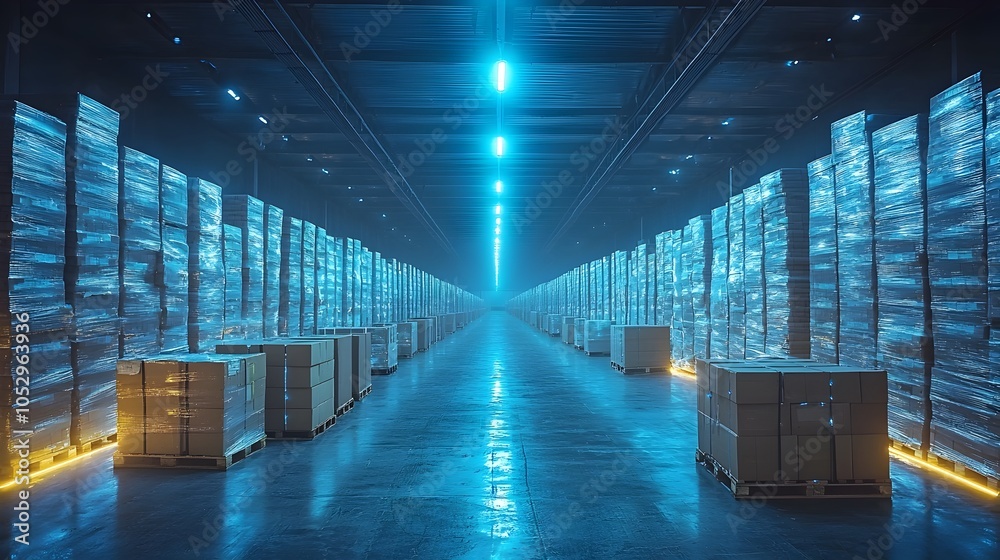 Poster futuristic warehouse interior featuring augmented reality displays that highlight packages for easy 