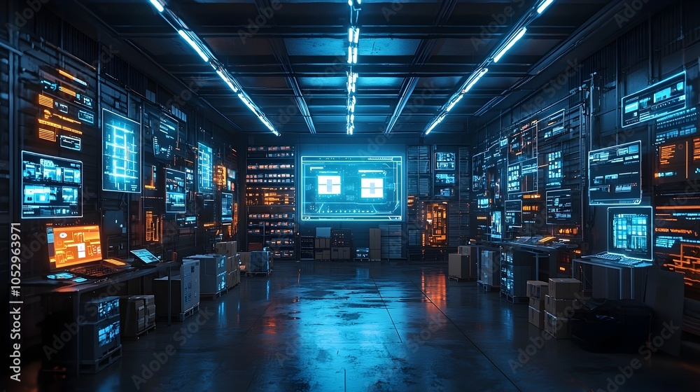 Poster Illuminated warehouse interior featuring augmented reality displays that highlight packages for easy identification showcasing a technology driven efficient logistic system with a blue neon glow