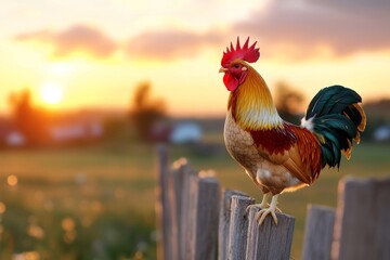 a 2D cartoon illustration of a rooster crowing at sunrise on a fence farm morning white background