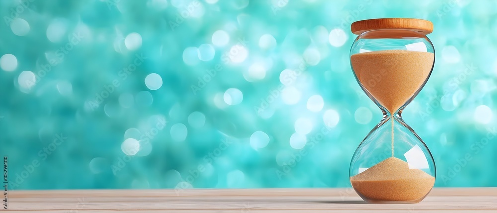 Poster glowing blue sand hourglass softly illuminated by fair light surrounded by a dreamy blue and white b