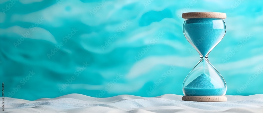 Aufkleber Tranquil hourglass filled with rich blue sand soft fair light reflecting on the sand with delicate blue and white bokeh adding an elegant ethereal touch to the serene captivating scene