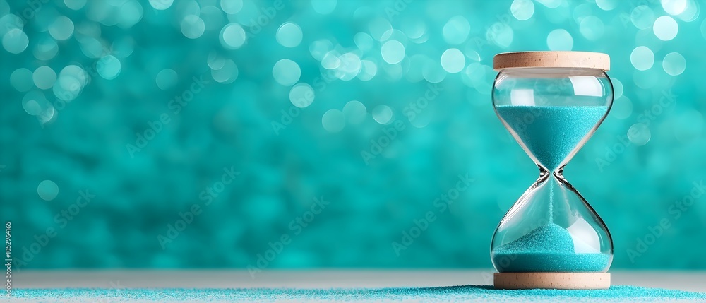 Poster ethereal hourglass resting on smooth blue sand with gentle flowing grains and soft dreamy blue and w