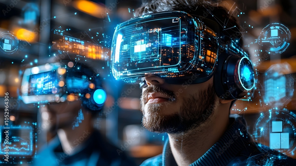 Poster Workers in a futuristic smart warehouse utilizing augmented reality glasses and holographic package information to efficiently manage the advanced supply chain in a glowing blue technological