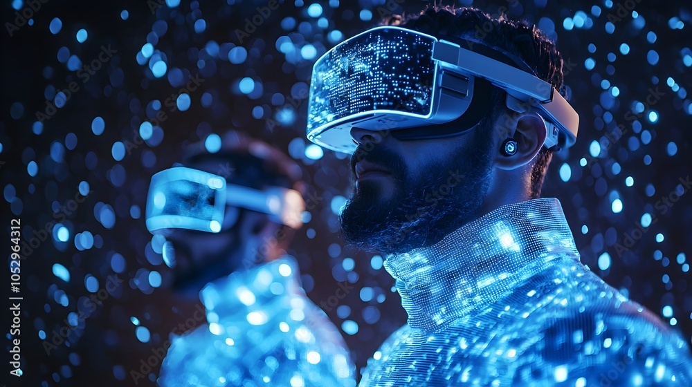 Poster futuristic smart warehouse workers using augmented reality glasses and interacting with holographic 