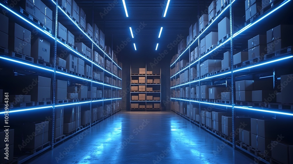 Poster Futuristic warehouse interior illuminated by vibrant augmented reality displays highlighting packages and products for streamlined logistics inventory management and easy identification in a smart