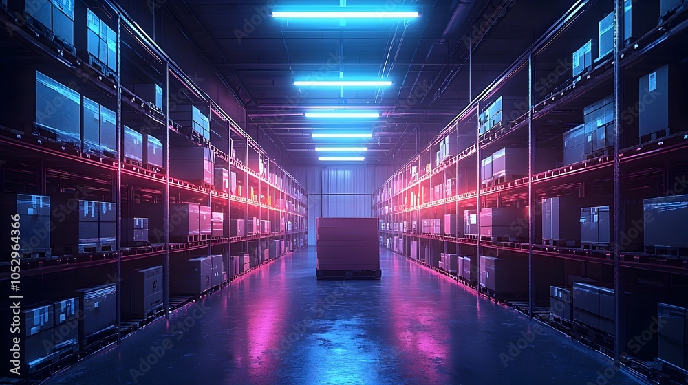 Poster futuristic warehouse interior illuminated by augmented reality displays highlighting packages for ea