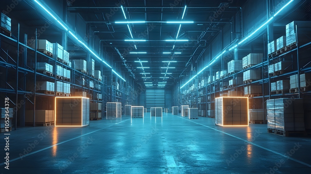 Leinwandbilder futuristic warehouse interior illuminated by augmented reality displays packages highlighted for eas