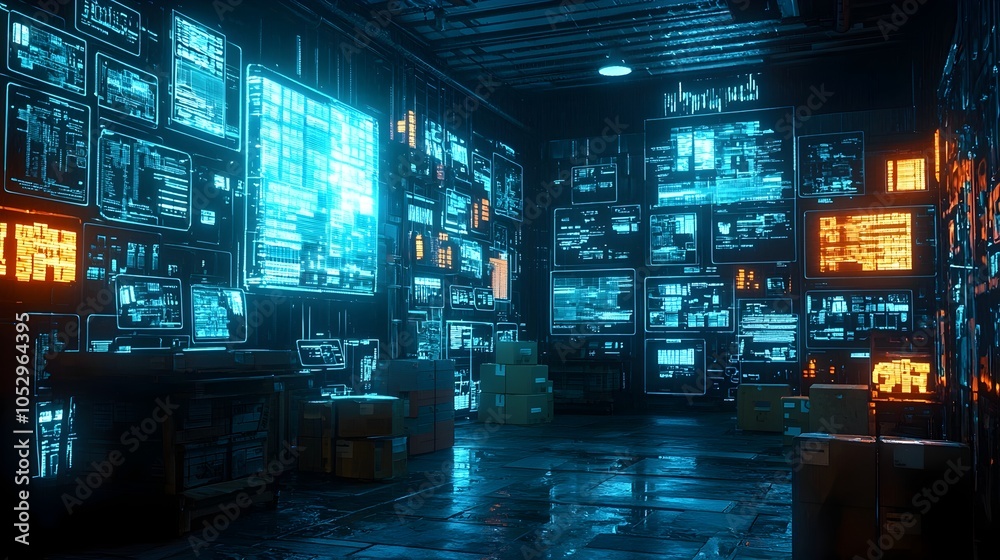 Leinwandbilder Futuristic warehouse interior with augmented reality displays illuminating packages for easy identification and a smart efficient logistic system with a blue neon glow