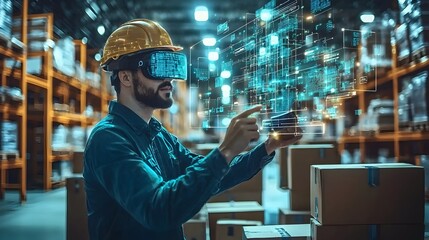 Futuristic smart warehouse workers using augmented reality glasses and holographic package information floating around showcasing an advanced supply chain concept in glowing blue tones
