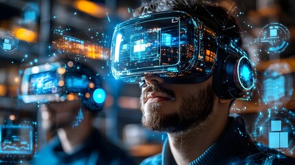 Workers in a futuristic smart warehouse utilizing augmented reality glasses and holographic package information to efficiently manage the advanced supply chain in a glowing blue technological