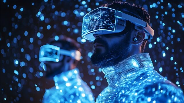 Futuristic smart warehouse workers using augmented reality glasses and interacting with holographic package information showcasing an advanced supply chain management concept in glowing blue tones