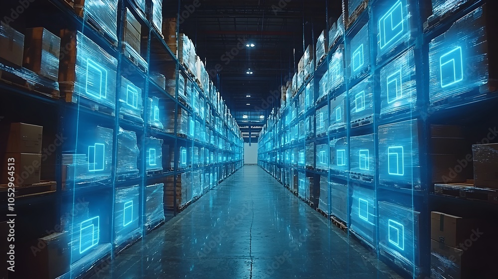 Poster Augmented Reality Driven Efficient Package Tracking in Modern Warehouse with Futuristic Logistics System  Advanced technology solution for optimized delivery and organization in a smart