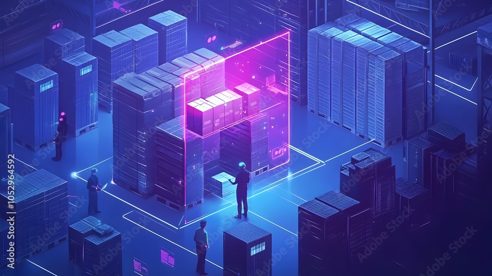 Poster Futuristic warehouse scene with workers using augmented reality devices for package guidance and streamlined logistics Illuminated in blue hues with holographic package tracking and inventory