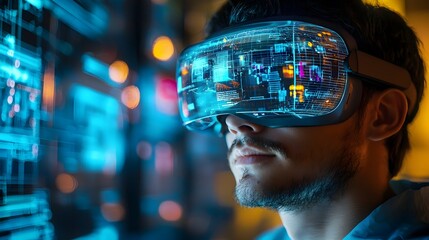 Futuristic warehouse scene with workers utilizing augmented reality devices to guide package movement and logistics  Illuminated with blue hues
