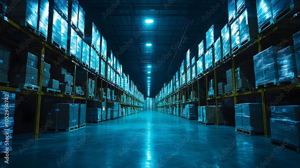 Poster Digitalized warehouse environment featuring AR powered package sorting process glowing blue lights guiding the way and innovative technologies enabling an efficient
