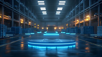 Digitalized warehouse environment showcasing advanced AR powered package sorting smart material flow and glowing blue lights guiding the efficient supply chain and logistic innovation