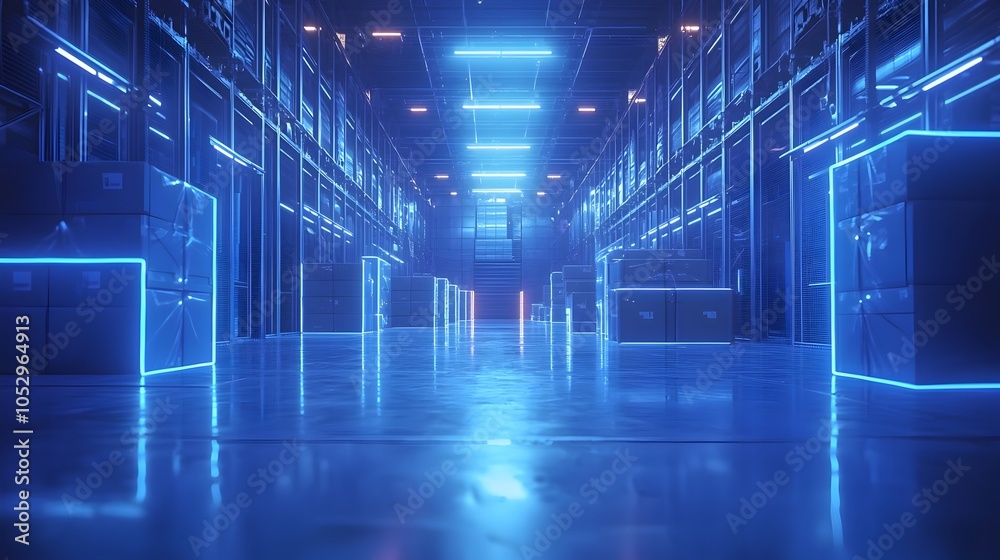 Aufkleber Futuristic Smart Logistics System with Augmented Reality Package Identification and Efficient Workflow   Blue Neon Highlights Guiding the High Tech Supply Chain Process in a Modern Warehouse
