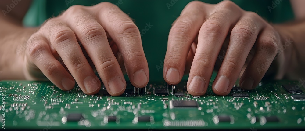 Poster Close up shot of human hands using precise instruments to carefully adjust and manipulate the intricate components of a complex circuit board with metallic and green tones adding a high tech