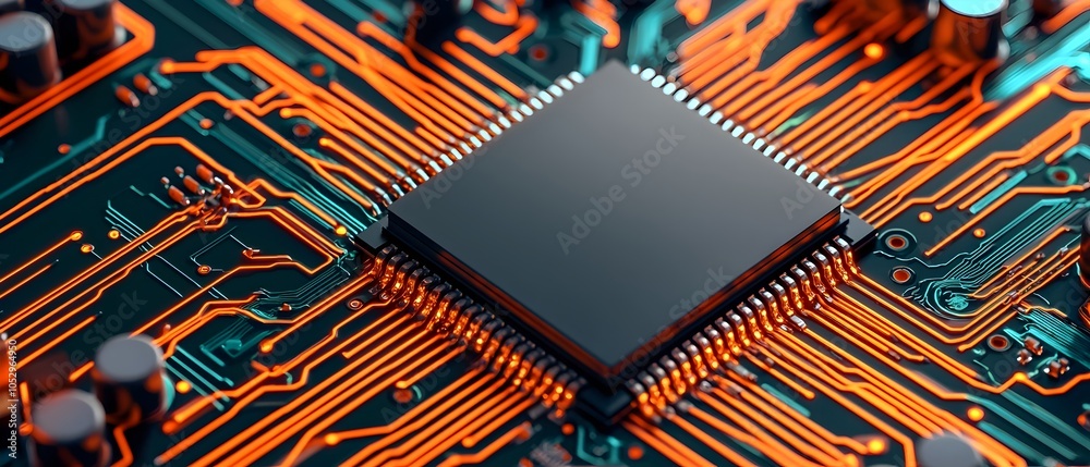 Poster Close up view of a skilled engineer meticulously inspecting and working on a complex circuit board assembly