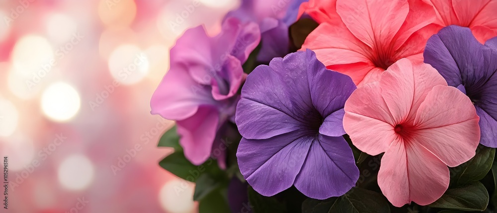 Poster close up of vibrant pink and purple flowers blooming in soft warm sunlight with delicate bokeh addin