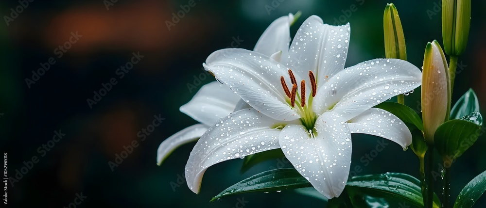 Aufkleber Elegant white lilies in full bloom water droplets glistening on delicate petals close up with a softly blurred natural background creating a serene tranquil and scene