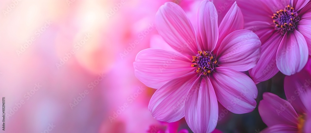 Poster close up of vibrant pink and purple flowers blooming in soft sunlight with delicate bokeh adding dep