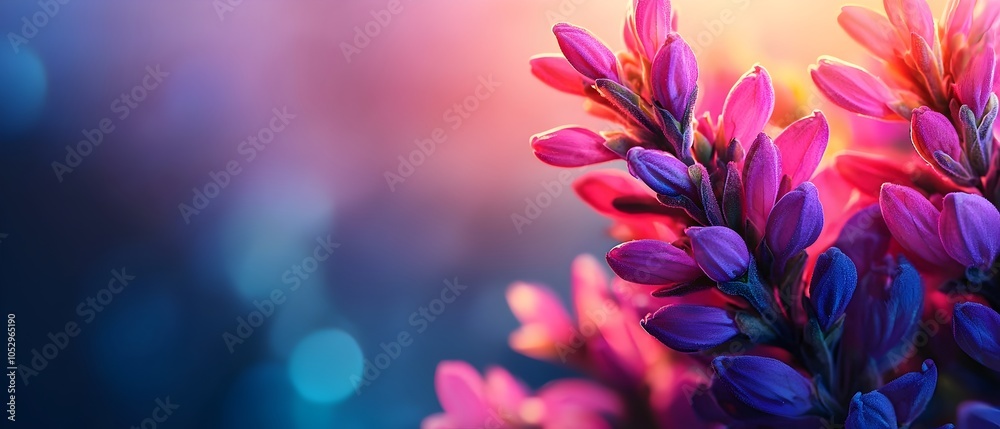 Poster Closeup of vibrant pink and purple flowers blooming in soft warm sunlight with a delicate blurred bokeh background adding depth and creating a atmosphere