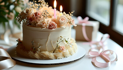 Fototapeta premium Close-up of a tall, elegant birthday cake in pastel colors placed on a clean, white table in a minimalistic setting