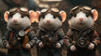 Three white mice wearing goggles and steampunk attire stand in a row, looking at the camera.