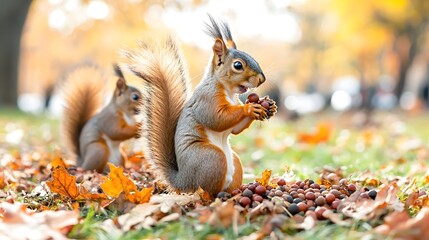 A dynamic action shot of a group of squirrels foraging among fallen acorns and leaves in a sunlit woodland. The image highlights the lively nature of the wildlife during the autumn season, showcasing