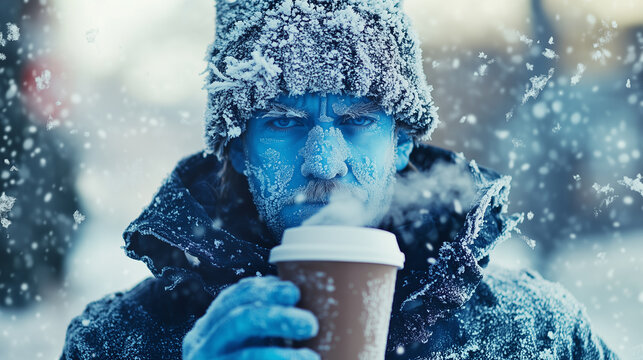 Frozen Man with Frost Covered Face and Steaming Coffee, Braving Intense Winter Weather and Freezing Temperatures enjoying a hot coffee. Image made using Generative AI