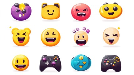 Obraz premium Colorful playing game emoji depicting a joyful character immersed in gaming, showcasing excitement and engagement. This playful icon captures the essence of fun and entertainment in gaming culture, 