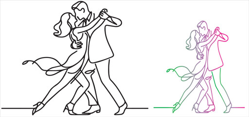 Professional dancer with dancing couple woman and man dancing. Continuous drawing of one line Vector