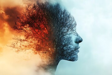 A dual-sided human silhouette with a tree on one side in fire and the other in ice, symbolizing the balance between opposing emotions and thoughts.